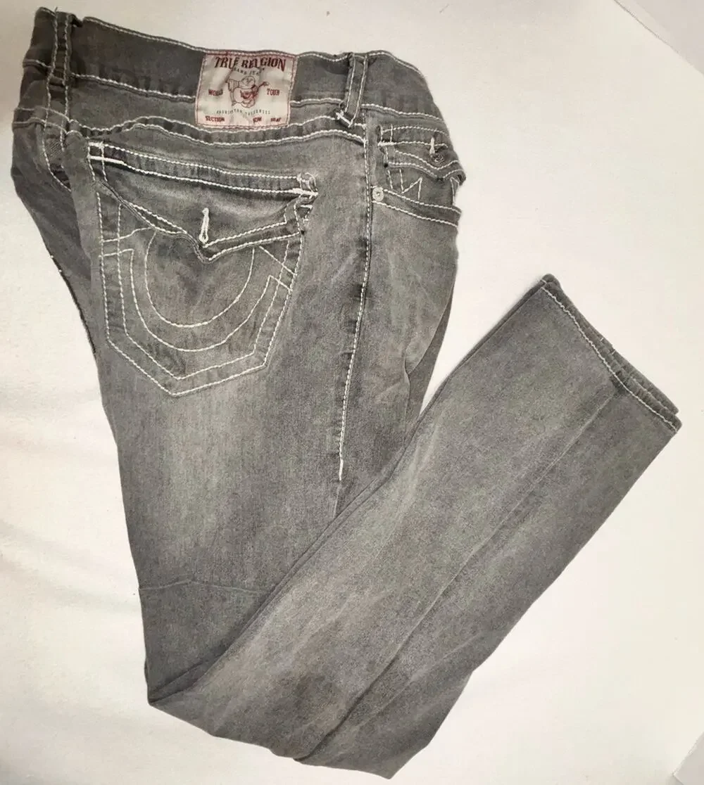 True Religion Jeans 34x32.5 Gray Ricky Flap Pocket Straight Leg Distressed READ